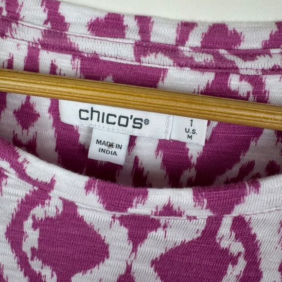 Chicos Ikat‎ Puff Sleeve Slub Tee Size 1 Medium Purple Pink Resort Boho Vacation - Picture 5 of 9